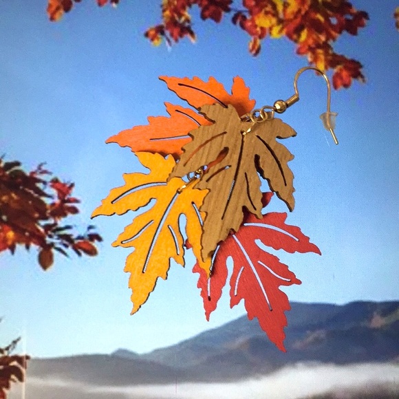 Maple Leaves in Fall Color Dangle Earrings - Picture 3 of 9